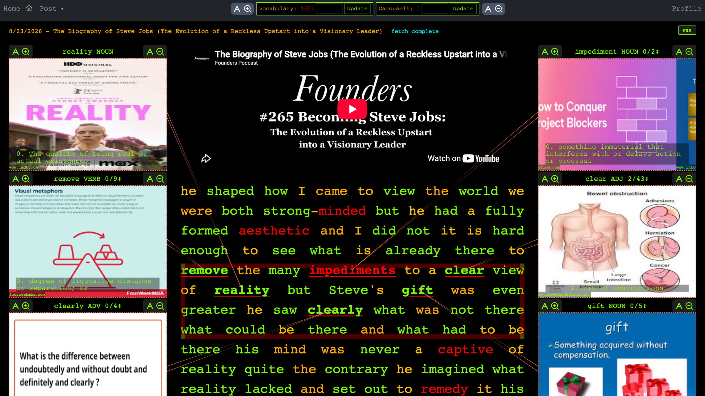 The reader: video, subtitles, word boxes and arrows
